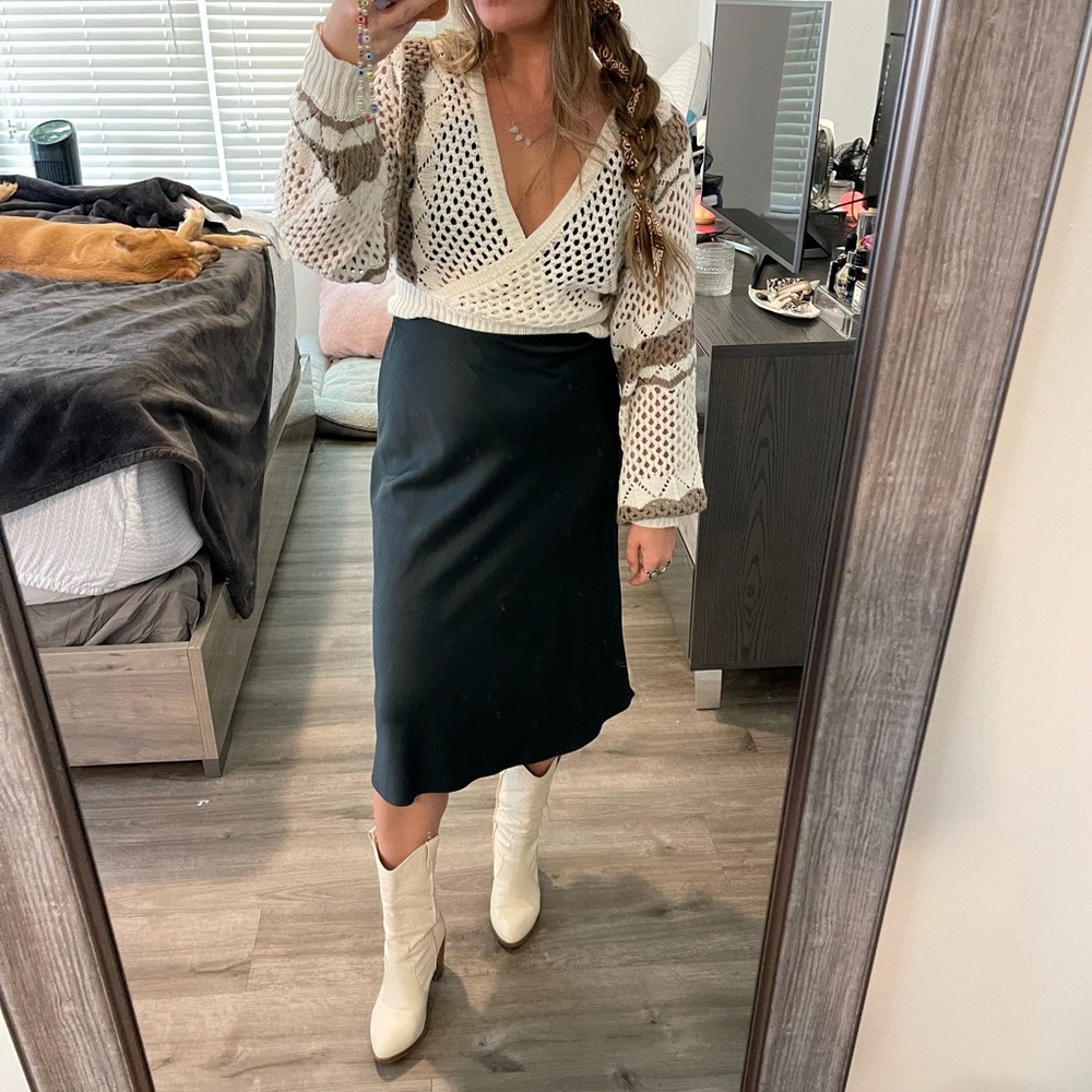 Express Forrest Green Satin Midi Skirt